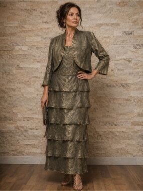 David's Bridal Olive Green Tiered Maxi Dress with Matching Bolero size XL